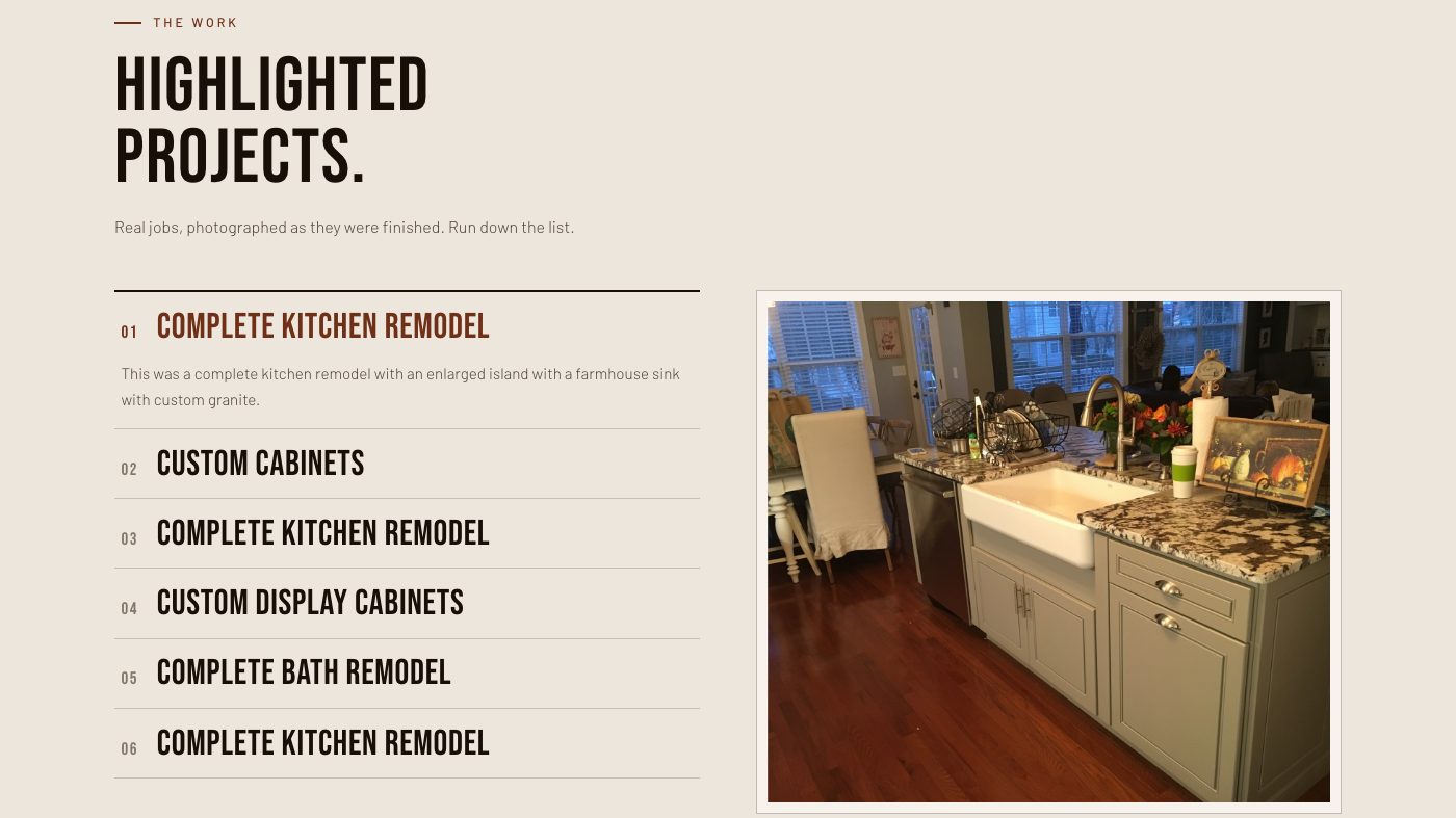 The numbered project index section of the new homepage